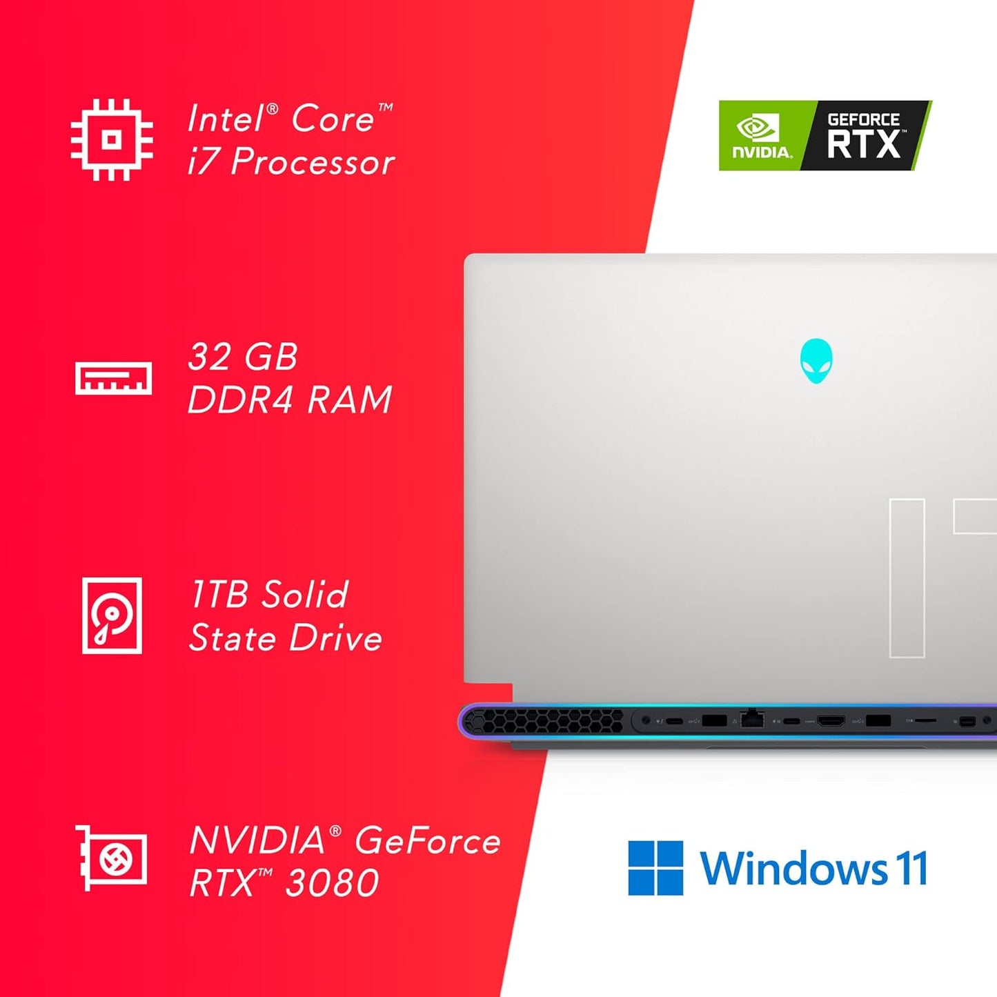 Alienware X17 R1, 17.3" FHD 360Hz Intel Core i7-11800H, 32GB DDR4 RAM, 1TB SSD, NVIDIA GeForce RTX 3080 16GB GDDR6, Windows 11 Home - Luz lunar STOCK IMPORTACION (LLEGADA 3 A 4 SEMANAS)