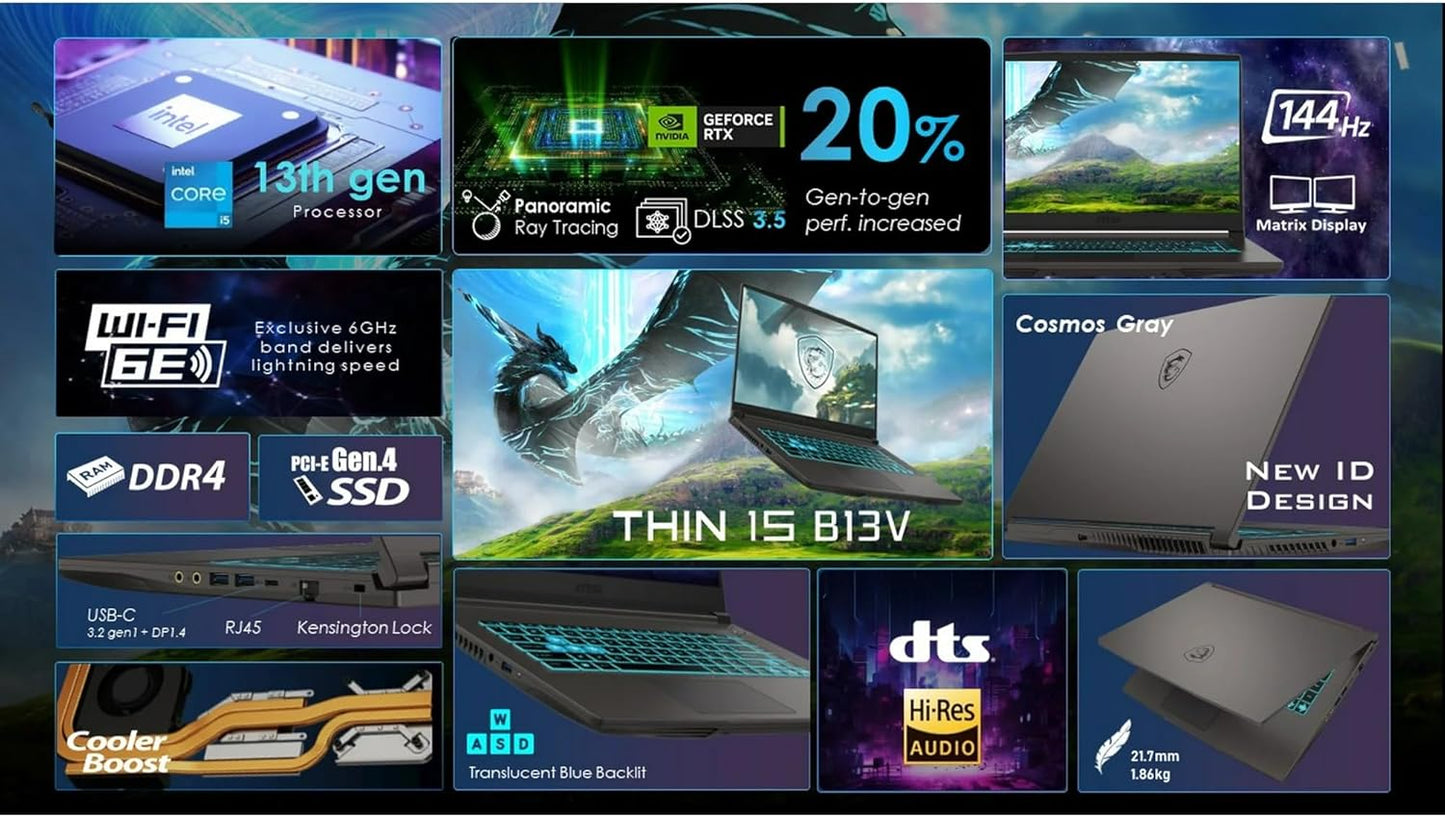 MSI Thin 15 (B13VF) - Intel Core i5-13420H - RAM 16GB DDR4 - SSD 512GB - RTX 4060 8GB - 15.6" Full HD (1920x1080) 144Hz IPS - Tecl. Inglés - W11H