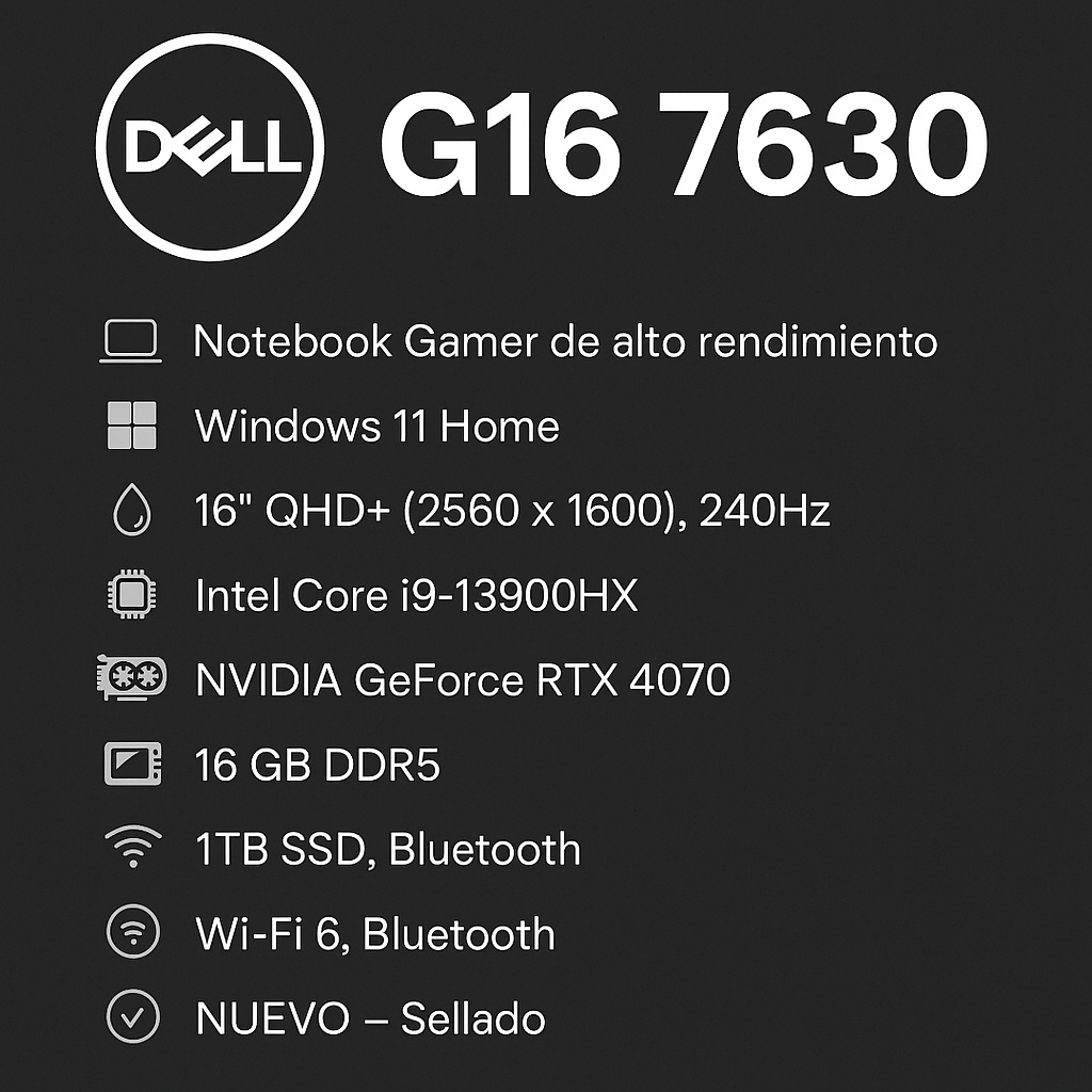 Dell G16 7630 QHD+ 165Hz 3ms Intel Core i9-13900HX 16GB DDR5 RAM 1TB SSD NVIDIA GeForce RTX 4070 8GB GDDR6 Sombra nocturna IMPORTACION 15 a 20 días hábiles