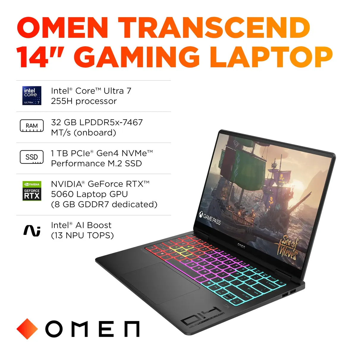 HP OMEN Transcend OLED 2025 | Intel Core Ultra 7 255H Gen 2 | RTX 5060 8GB | OLED 120Hz | 16GB RAM DDR5 | 1TB SSD