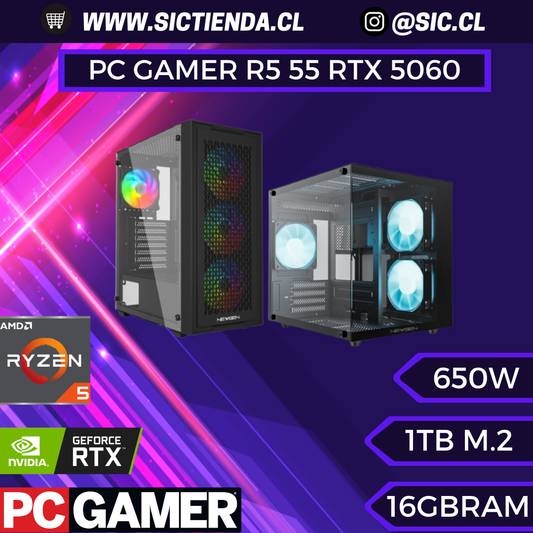 PC GAMER RTX 5060, AMD Ryzen 5 5500, 16GB RAM 3200MHZ, 1TB M.2 – ARMADO 4-5 DÍAS
