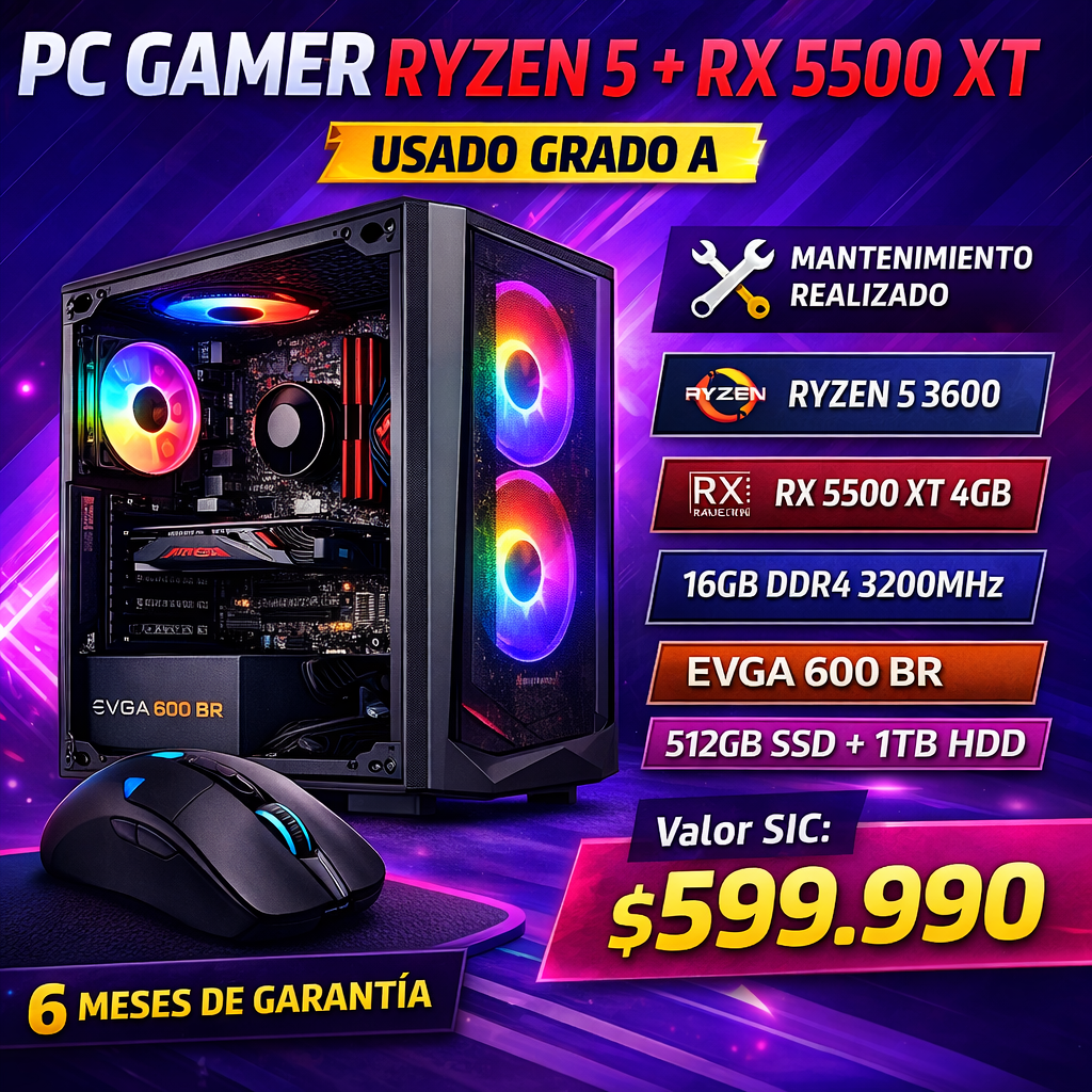 PC Gamer Ryzen 5 3600 RX 5500 XT 16GB 3200MHz SSD 512GB GRADO A