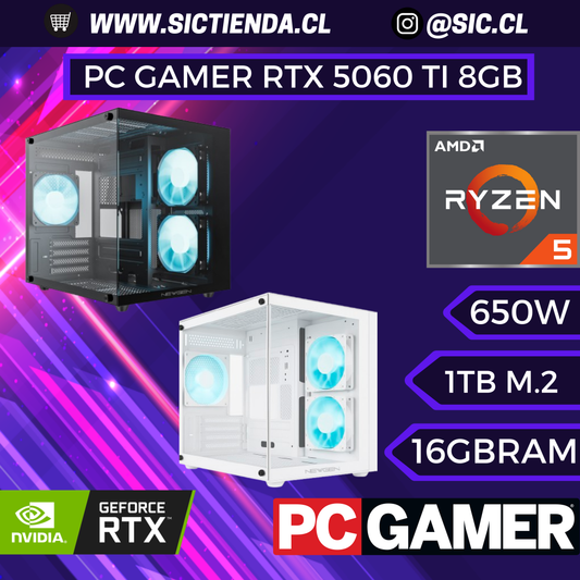 PC GAMER RTX 5060 TI 8GB, AMD Ryzen 5 5500, 16GB RAM 3200MHZ, 1TB M2 ARMADO 4-5 DÍAS